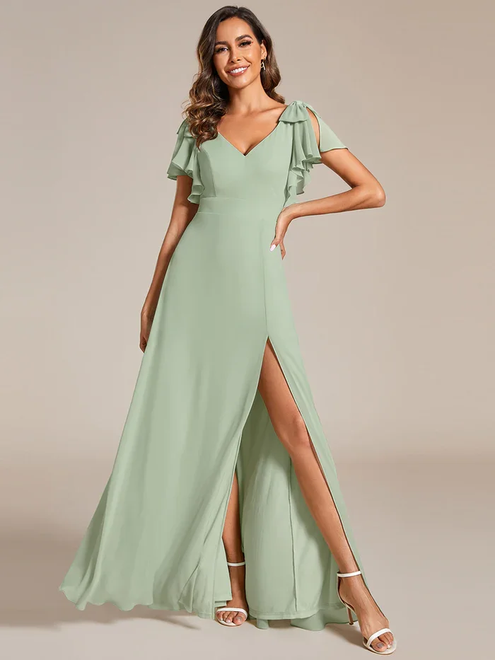 

Sage Green Split Ruffles Sleeves with Bowknot V-neck Chiffon Bridesmaid Dress A-line chiffon dress