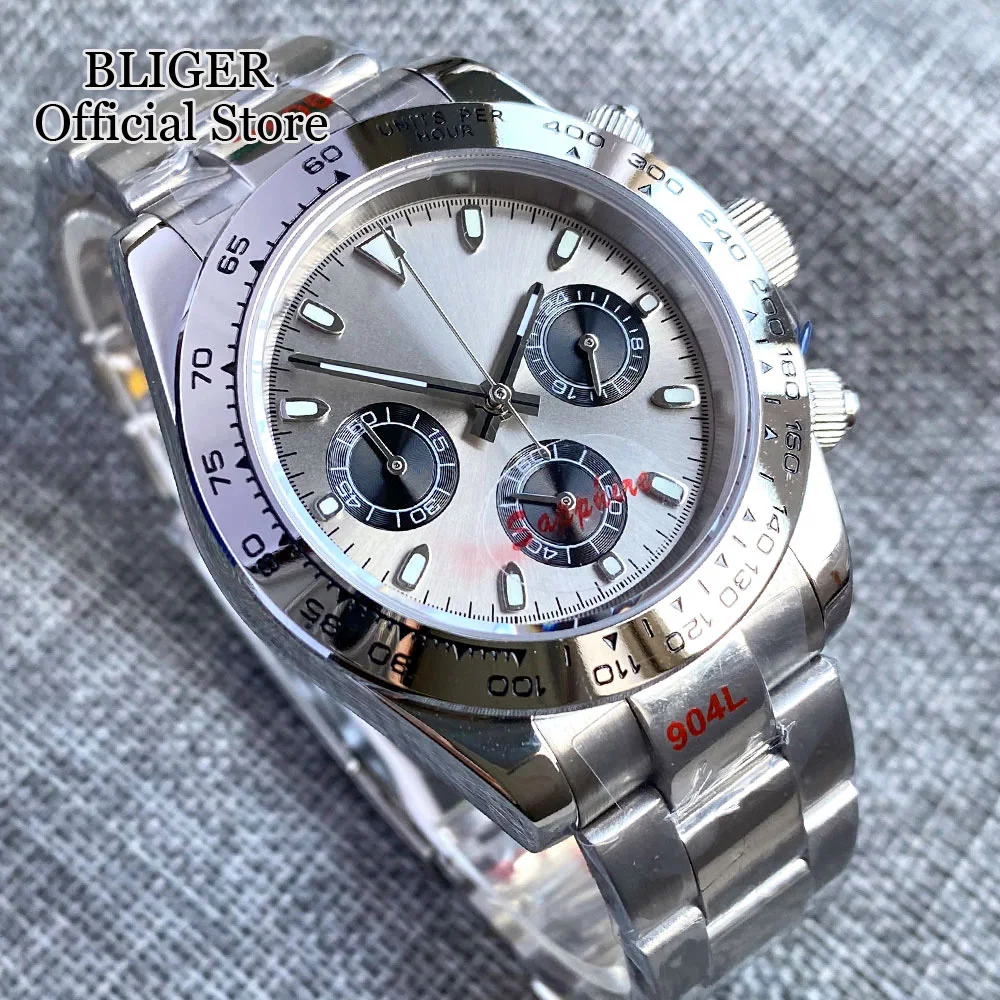 Luxury Fashion 39mm Quartz Chronograph Business Watch For Men VK63 Movement Sapphire Crystal Grey Dial Silver Steel Bezel Insert