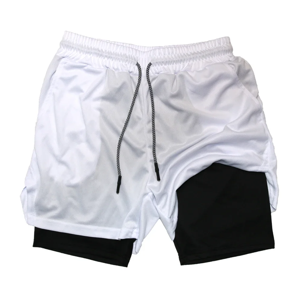 Pantalones cortos deportivos de doble capa para hombre, secado rápido, 2 en 1, deportes, entrenamiento de gimnasia, entrenamiento, trote, doble cubierta, equipo de Fitness de verano