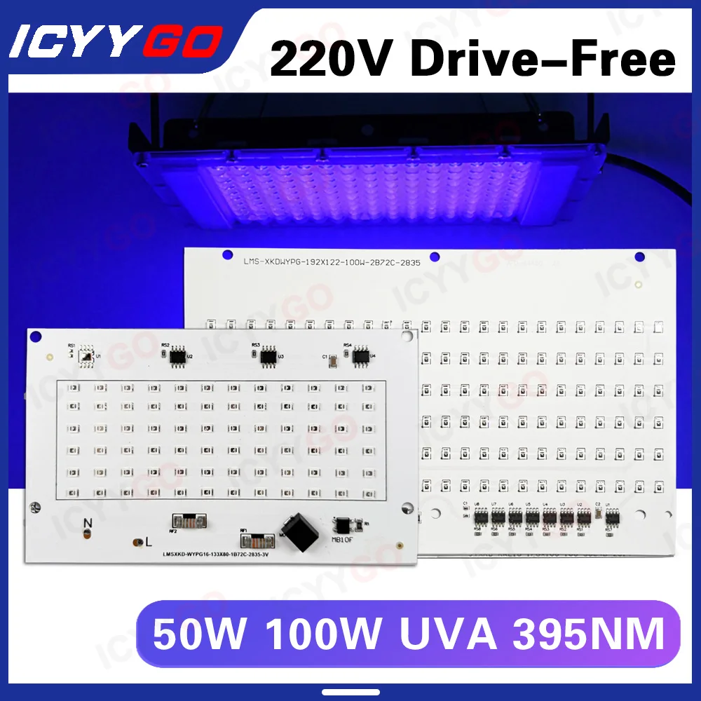 50W 100W UVA 395nm UV fioletowe koraliki do lampy LED AC165-265V wysokiego napięcia bez sterownika 365nm lampa utwardzająca UV źródło światła LED