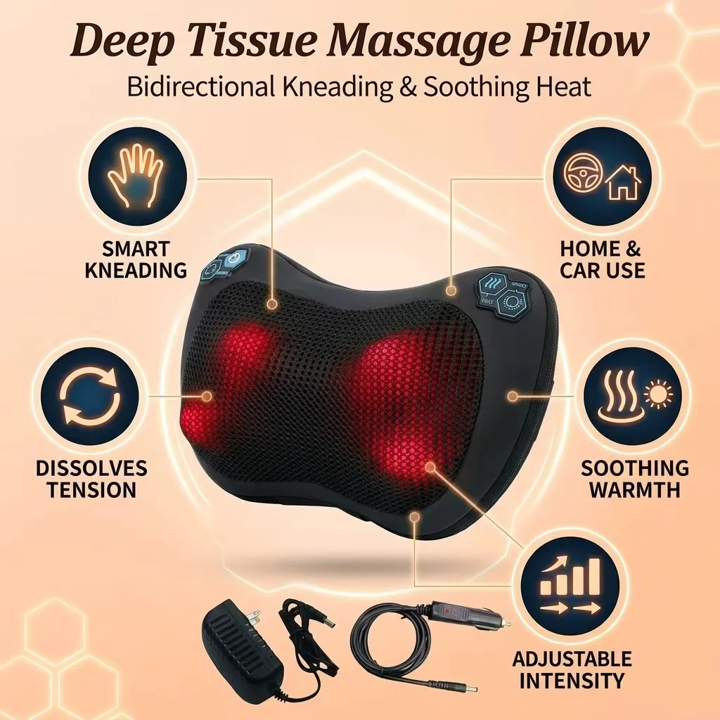 Electric Neck Massager Pillow with Heating Shiatsu Deep Tissue 3D Kneading 4 Rotating Nodes Fatigue Relief Home Car Use Gift