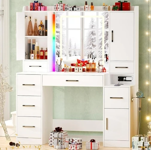 Vanity Desk with Mirror and Lights,43.3''Large Makeup Vanity with RGB Ambient Light & Power Outlet,Dressing Table with 7 Drawers