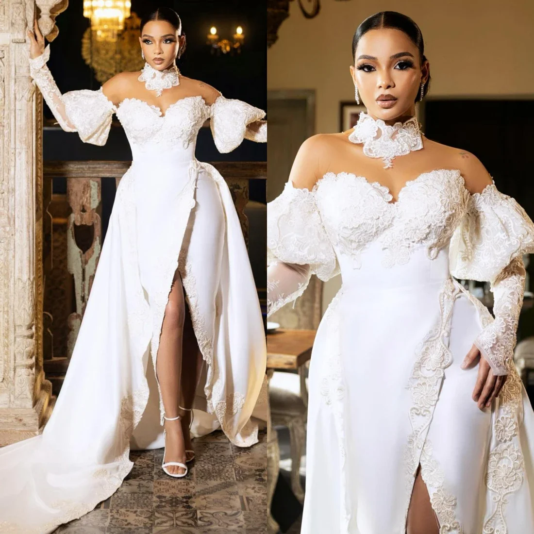 Customized High Collar Lace Appliques Wedding Dress For Bride with Removable Skirt Robe De Mariée Full Sleeve Split Bridal Gown
