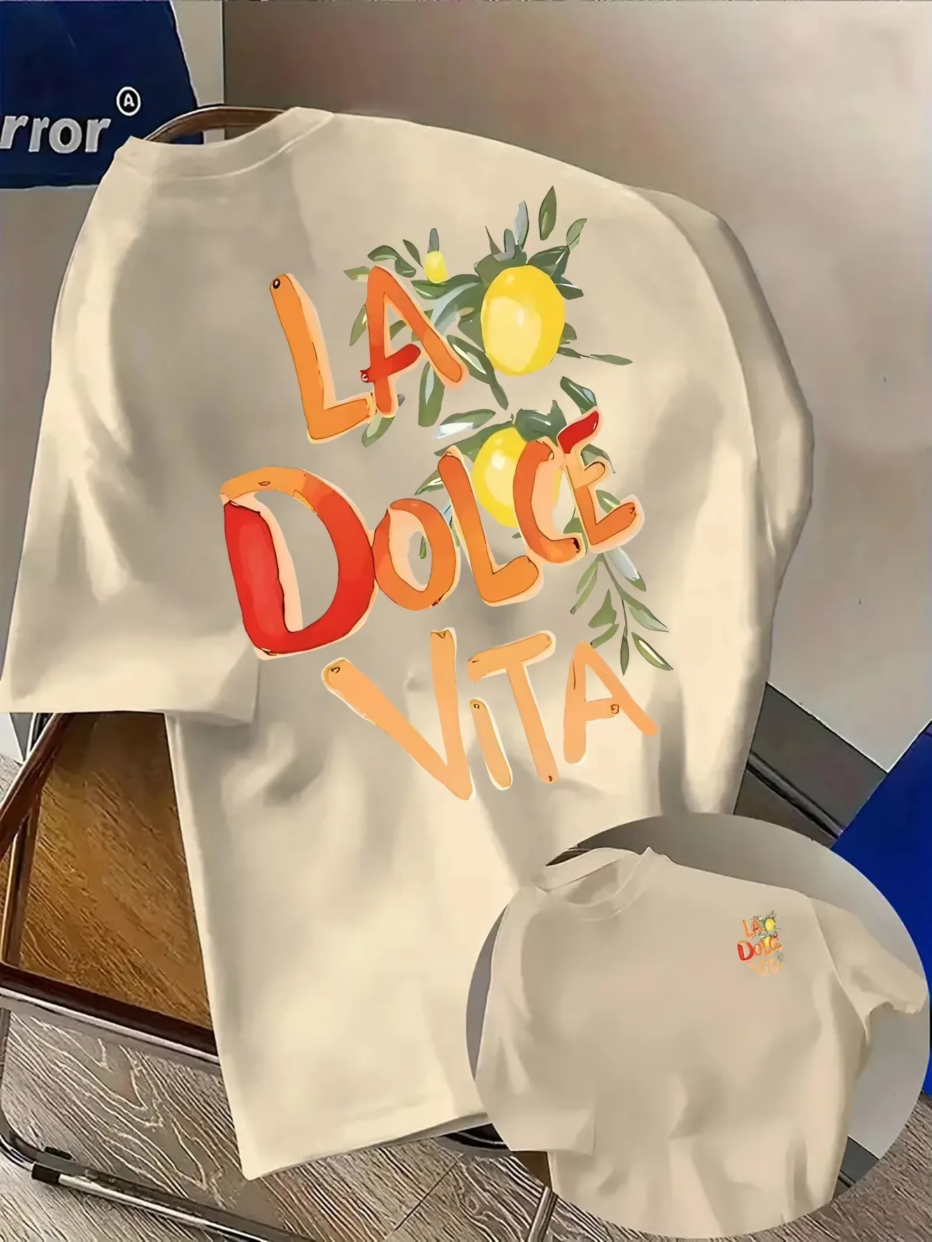 T-Shirt with Big La Dolce Vita Lemon and Small Chest Logo Unisex Loose Oversized Pullover Retro Italian Holiday Style Tee Kids