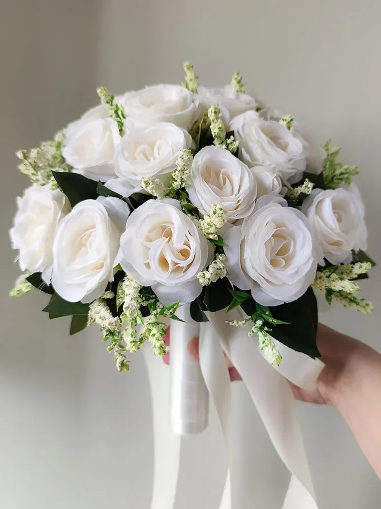 Buquê de casamento branco para noiva, dama de honra, rosas de seda, flores artificiais, buquê de casamento, acessórios de casamento, corpete