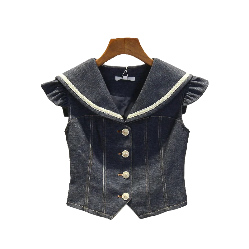 Sweet Sle ort Denim Vest Women's Top Navy Collar Fly Sve High-End Women's Clothing South Oil Spring 2024 Collection