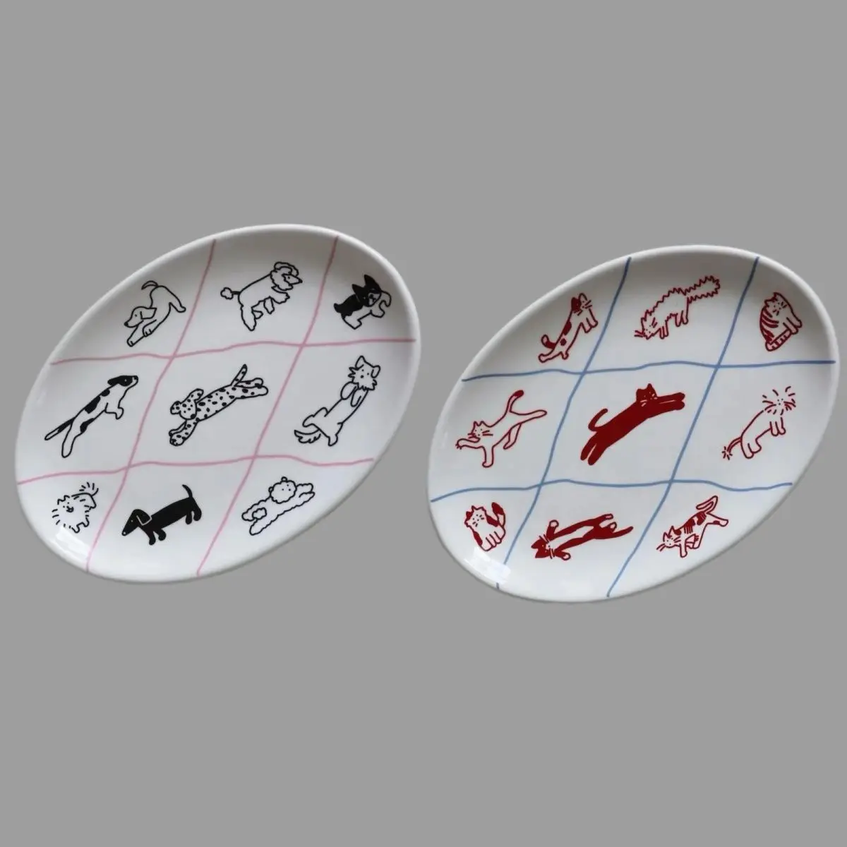 Oval Fish Plate, Cute Cartoon Line Cat and Dog Ceramic Plate Ceramic Tableware Vegetable Salad Breakfast Fruit Yogurt Bowl