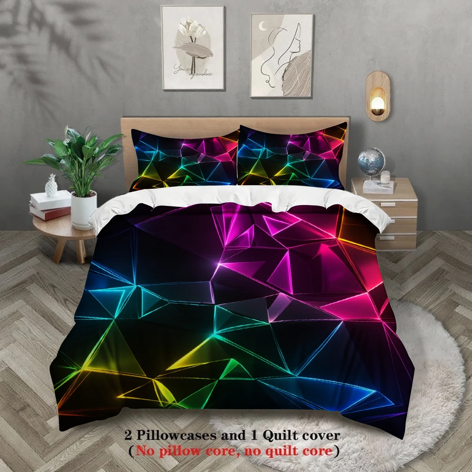 

Neon Geometric Abstract Pattern Duvet Cover Set Cyberpunk-Inspired Design Bedding Set Futuristic Geometric Art Bedroom Decor