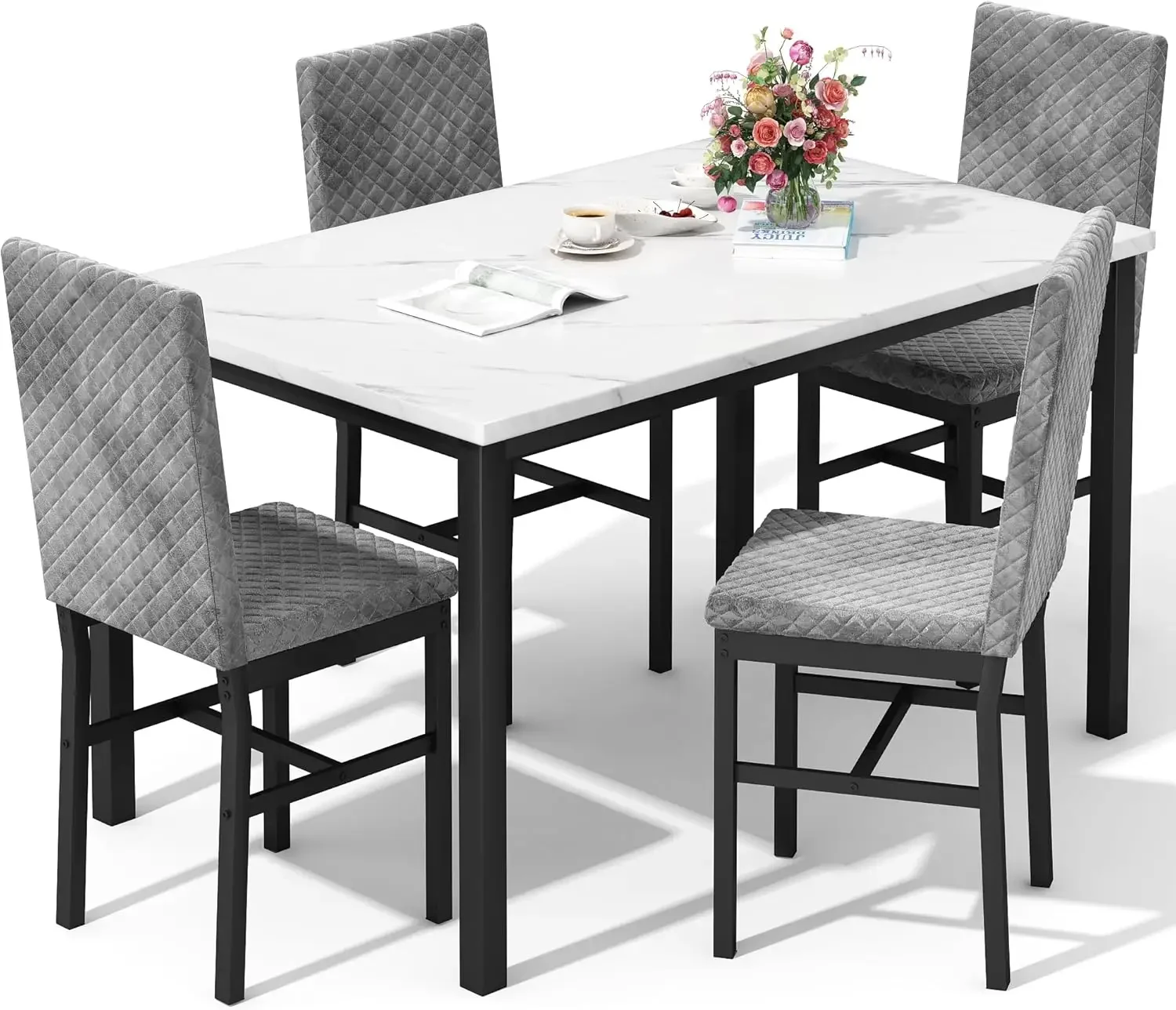 [Free Shipping!Hot Deal!]Dining Table Set for 4 Kitchen and Chairs of Faux Marble Dining with Velvet Uph