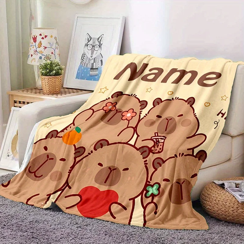 Customizable name guinea pig and capybara flannel blanket, suitable for sofa, bed, birthdays, children, friends, gifts