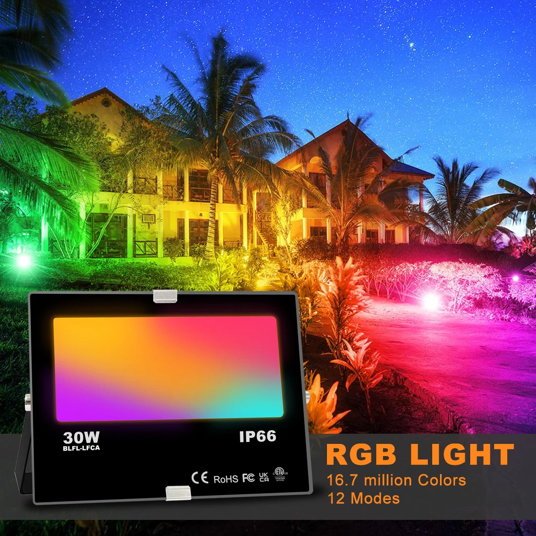Smart Floodlight 30W Color Change LED Outdoor Garden Flood Light IP66 Waterproof Bluetooth Compatible APP Control RGB Spotlights