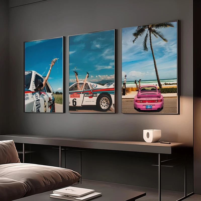 Vintage Supercar Sexy Girl Poster Retro Trendy Racing Car Wine Glasses Cheers Canvas Picture Wall Art Living Room Home Decora