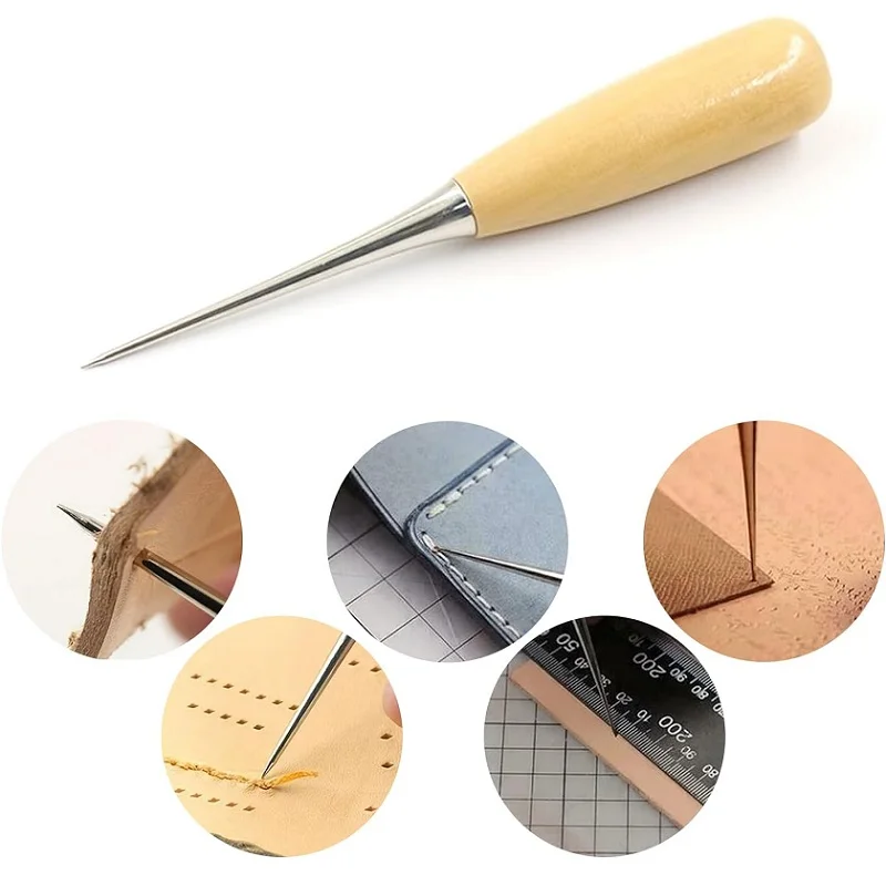 Wooden Handle Leather Drillable Stitching Sewing Awl Pin Punching Hole, Punch Hole DIY Gadget, Leather Craft Tool ﻿Maker Stitch