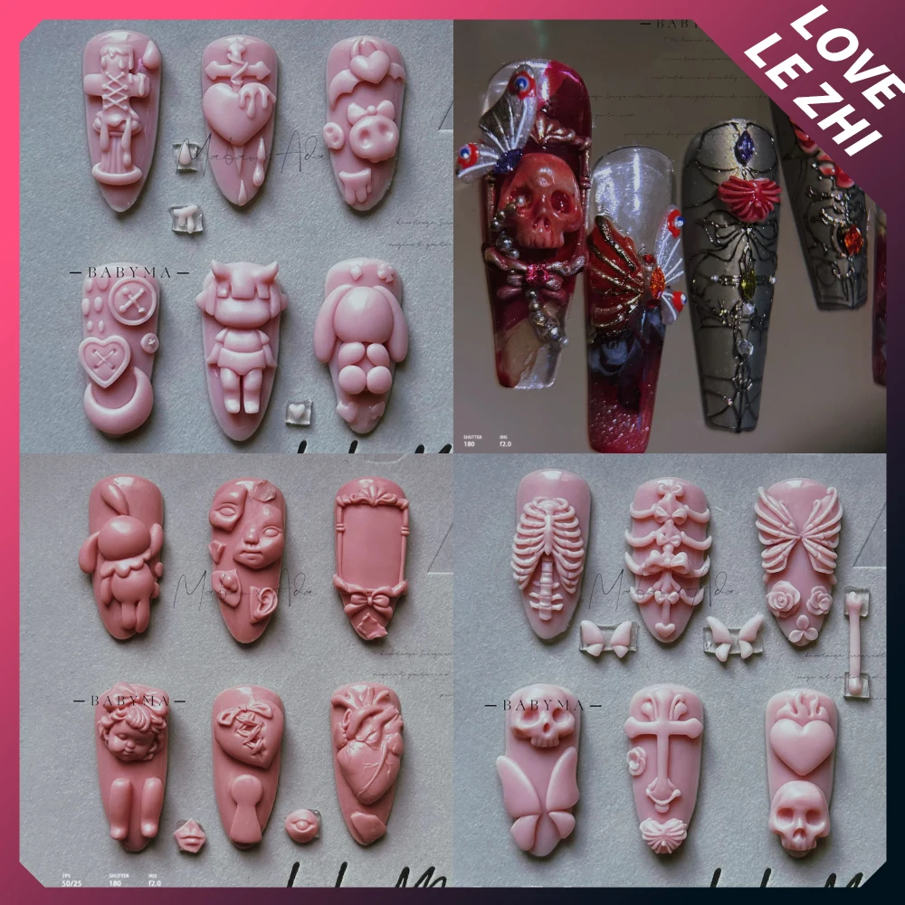 Hallowmas Day of The Dead Nails Demon Bowknot 3D Silicone Mold Nail Art Decorations Diy Design Gothic Cardiac Manicure Tools