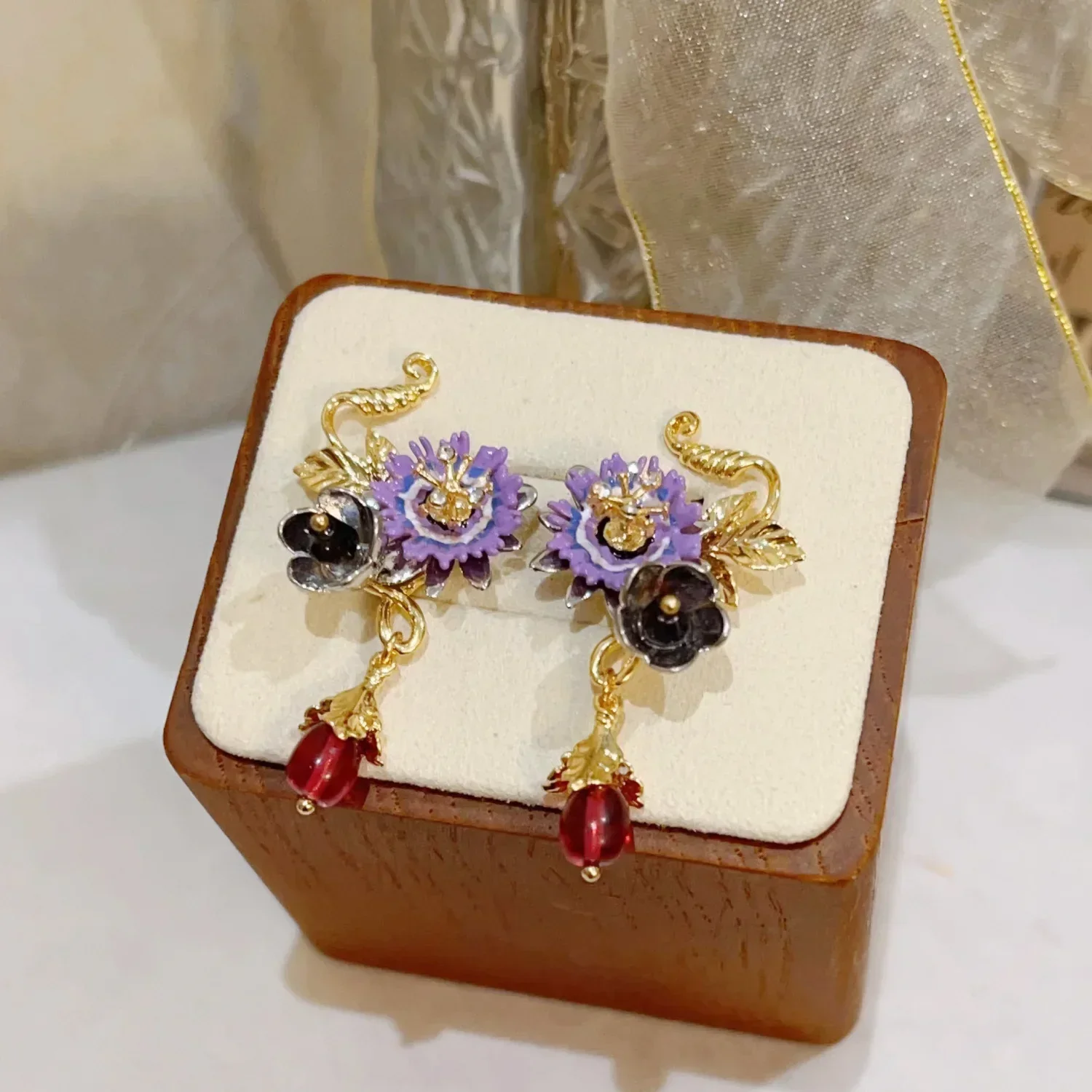 

enamel headpiece jewelry, Cosmic Flower series, passion flower and red bead earrings, earrings, studs, and ear clips