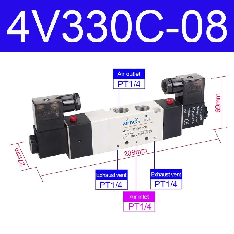AIRTAC Originele Pneumatische 5/3 Weg Dubbele Magneetventiel 4V130C-06/M5 4V230C-08 4V330C-10 E P Omkeerklep 12V 24V 110V 220V