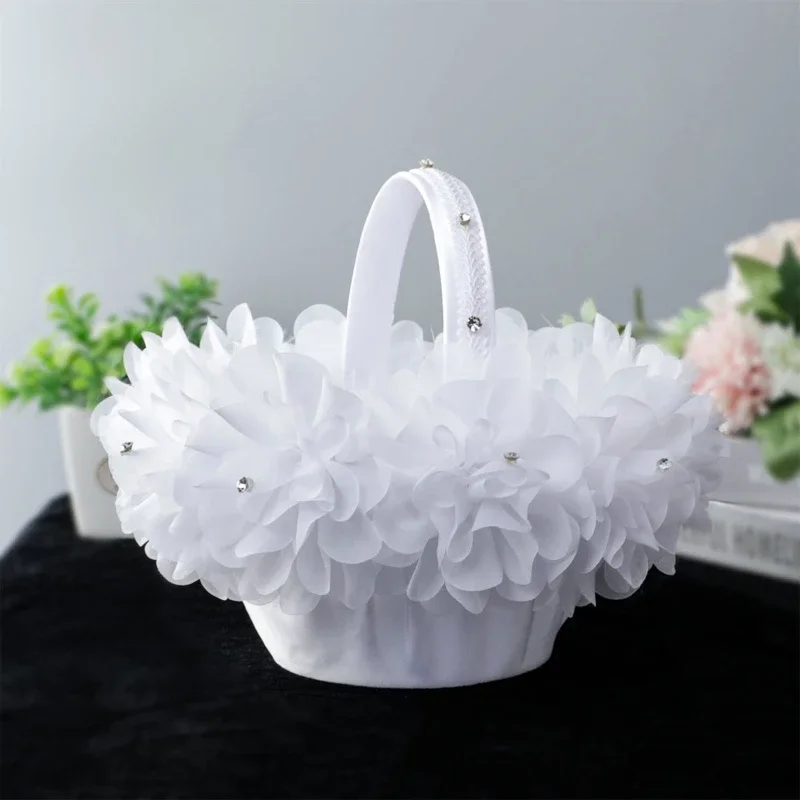 Flower Girl Basket White Small Satin Cloth Baskets with Faux Lace Flowers Decor for Wedding Ceremony Party Desktop Decor