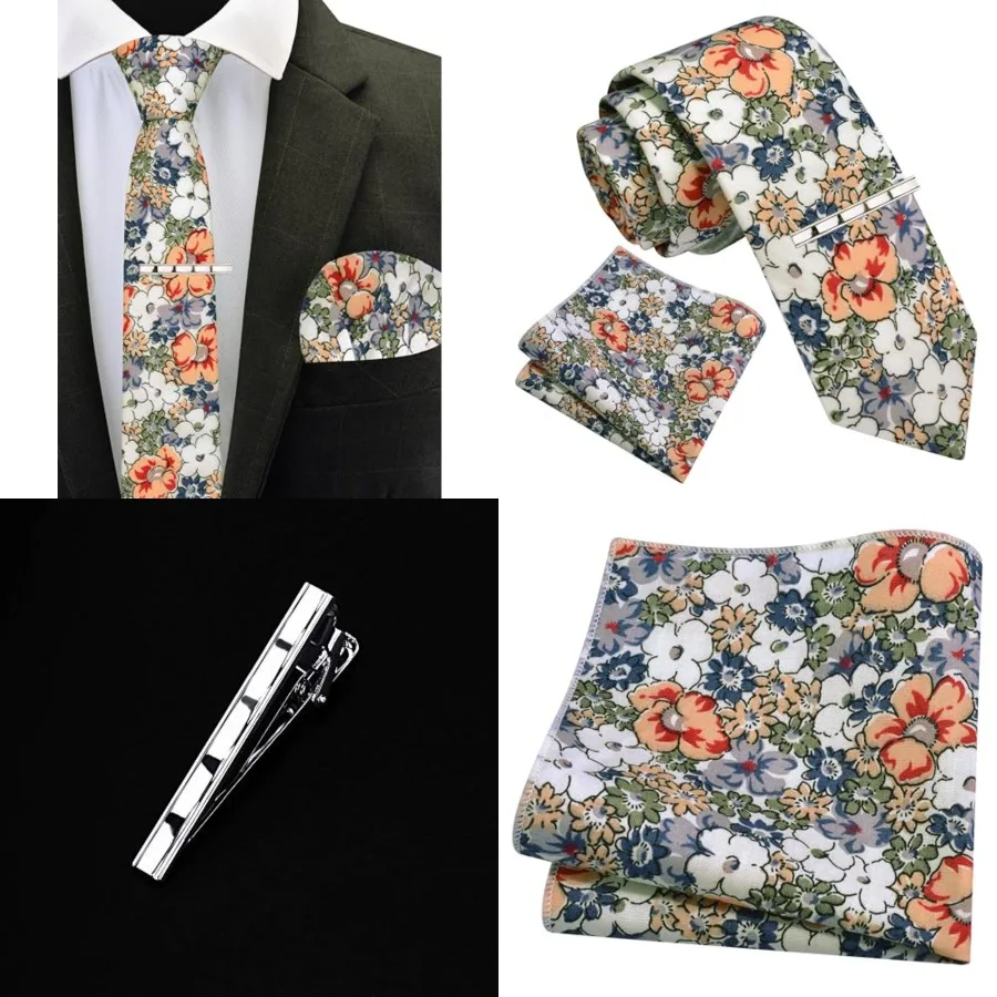 

Fashion 2.4"（6cm） Cotton Floral Printed Necktie Tie Clip and Pocket Square Sets + Gift Box，White/Coral/Olive/Blue