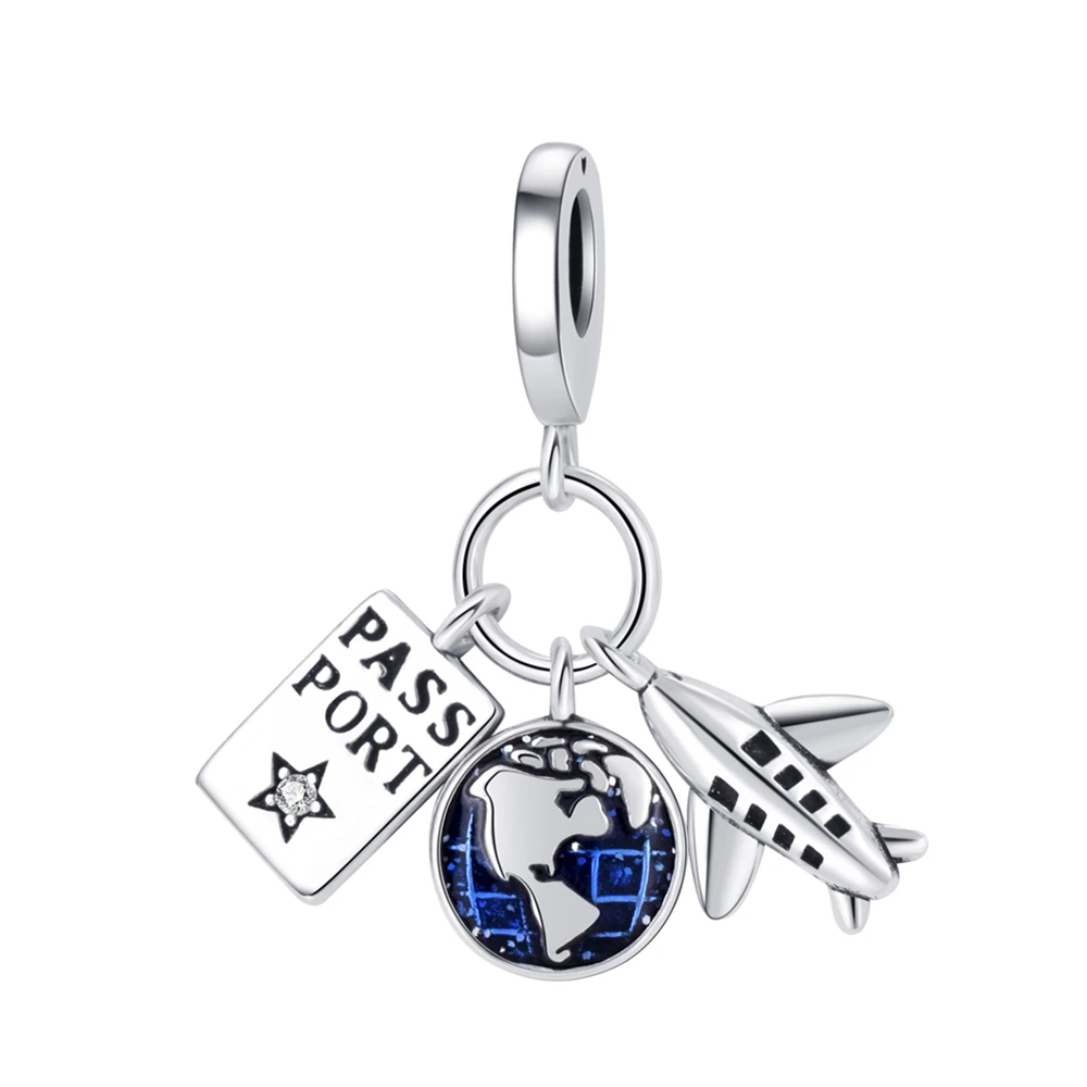 PANQDIY Plane Passport Earth Pendant 925 Sterling Silver Bracelet Charm For Diy Women Jewelry Making Travel Round The World