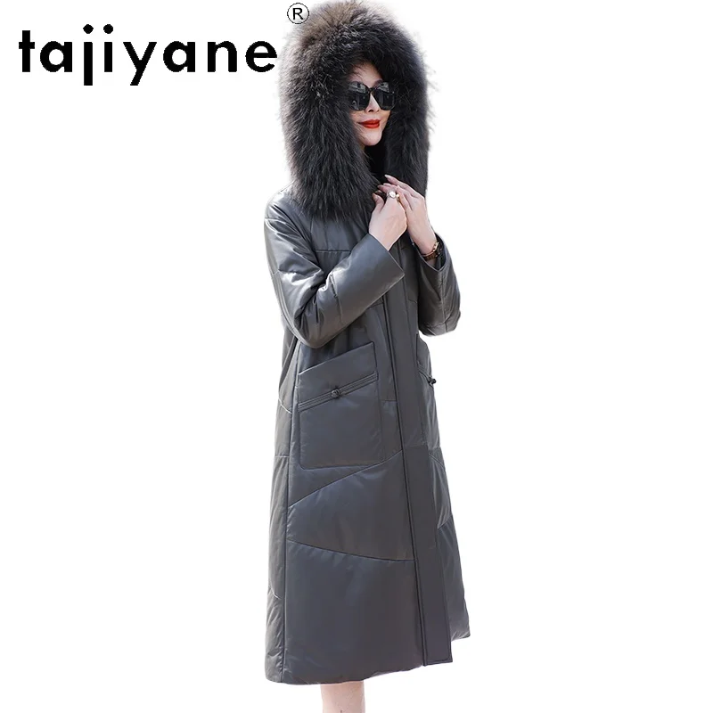 TAJIYANE 100 % Rindsleder-Gänsedaunenmantel für Damen, Waschbärpelzkragen, Pufferjacke, echte Lederjacken, 2025, Damenbekleidung,ariiitut