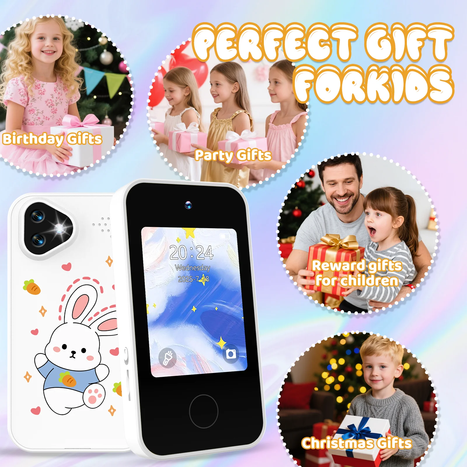 Telefone inteligente infantil com câmera dupla, tela sensível ao toque de 2,8", tela IPS 720P, bateria, carregamento USB-C, mais de 4 anos, presente preferido