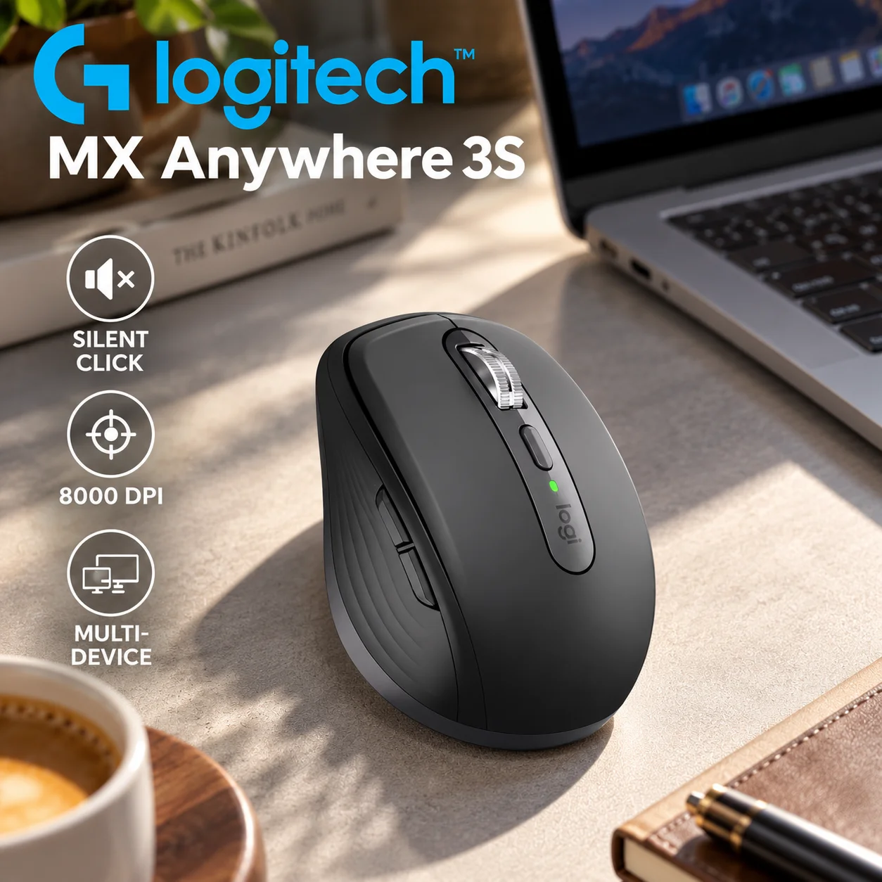 Logitech MX Anywhere 3S Mouse Connect 3 Devices Flow Cross-Computer 8000 DPI Darkfield MagSpeed Silent USB-C Office Travel