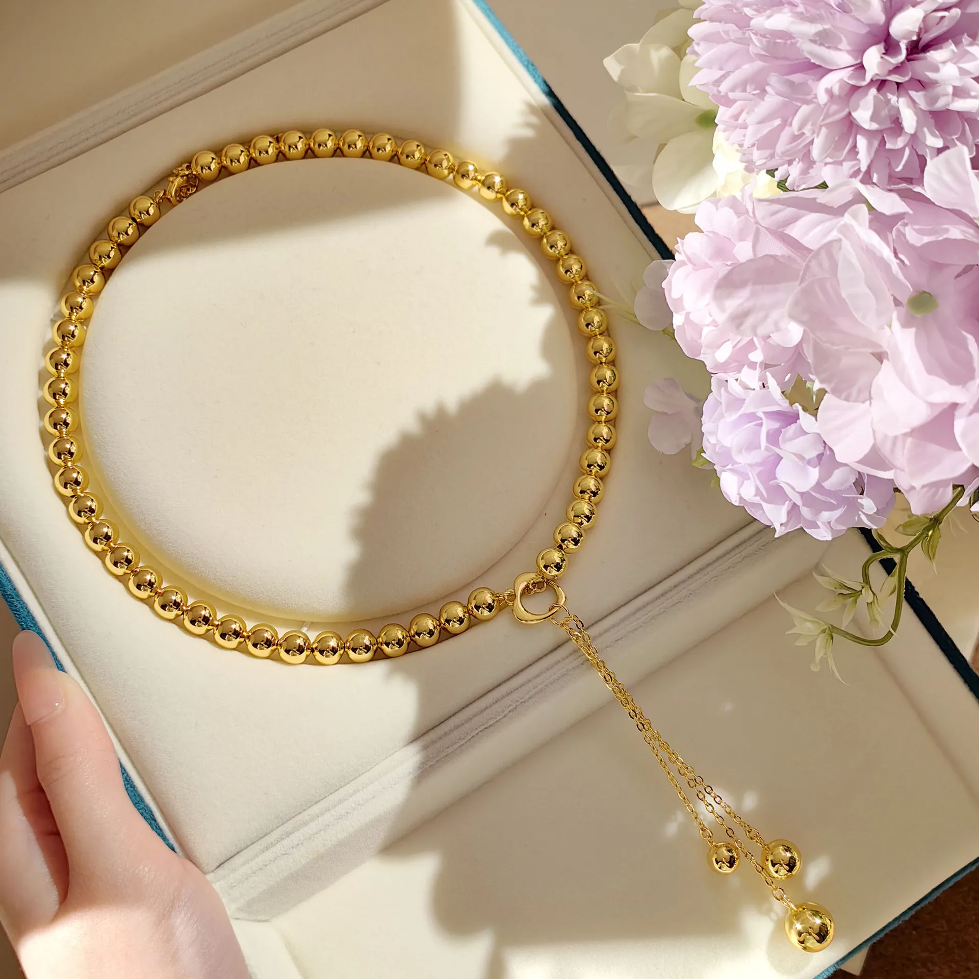 S925 Sterling Silver Ancient Gold Bead Chain Love Fringe Necklace Collarbone Chain