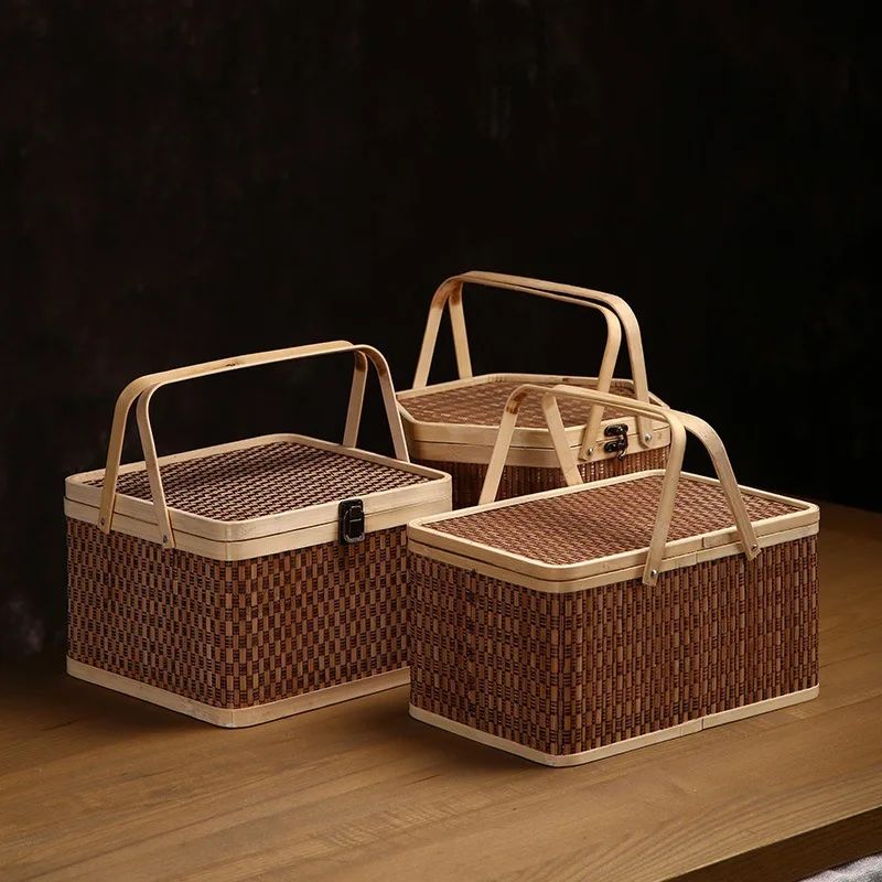 Outdoor Picnic Cabas Bamboo Gift Dragon Boat Festival Ordinary Moon Cake Box Basket Rattan Fruit Shop Commercial Use