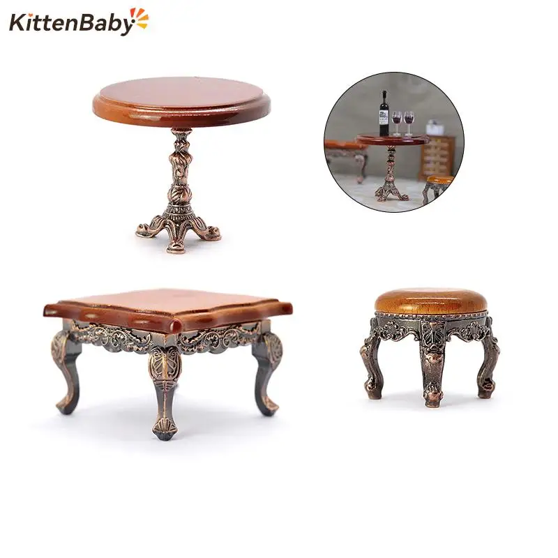 1/12 Wood Miniature Doll House Accessories Simulation Retro Coffee Stool/Table Furniture Model Family Toy Decorations