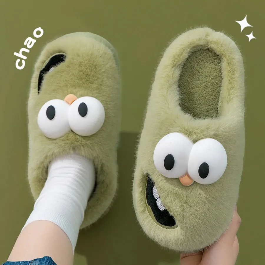 Big Eyed Dog Cotton Slippers Women's Winter Plush Cute Cartoon Cotton Slippers Couple Indoor Home Anti Slip Cotton Slippers