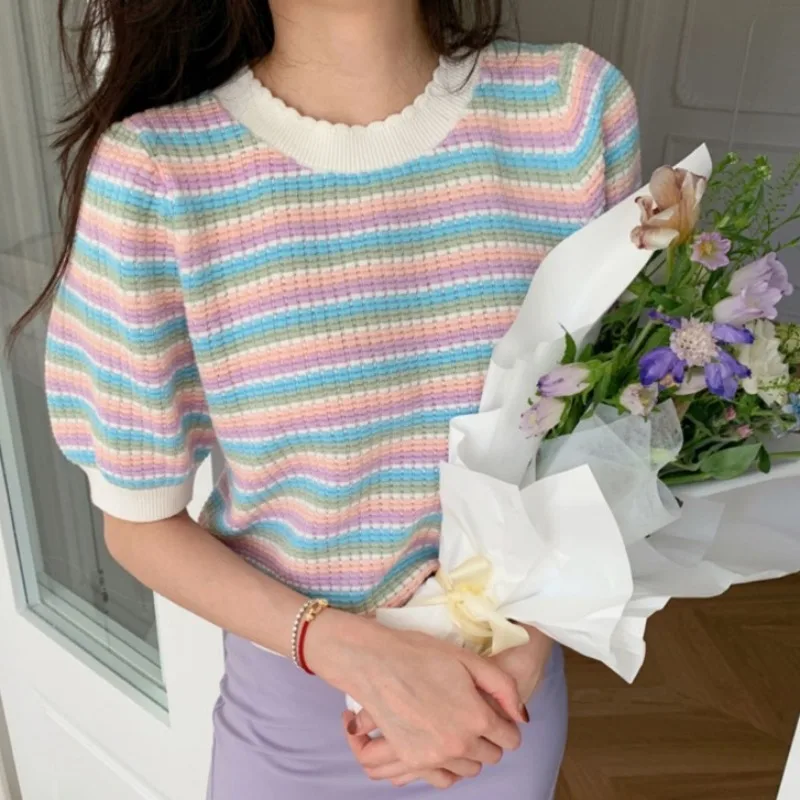 Cseta de manga corta para mujer, Top a rayas con cuello redondo bajo y manga de burbuja, diseño corto adeazante, Top de ...