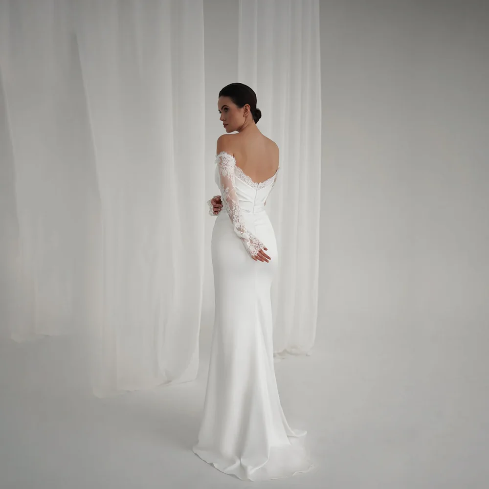 Off Shoulder Satin Mermaid Wedding Dress Lace Long Sleeve Sweetheart Back Simple Custom Bridal Gown Floor Length Bride Dresses
