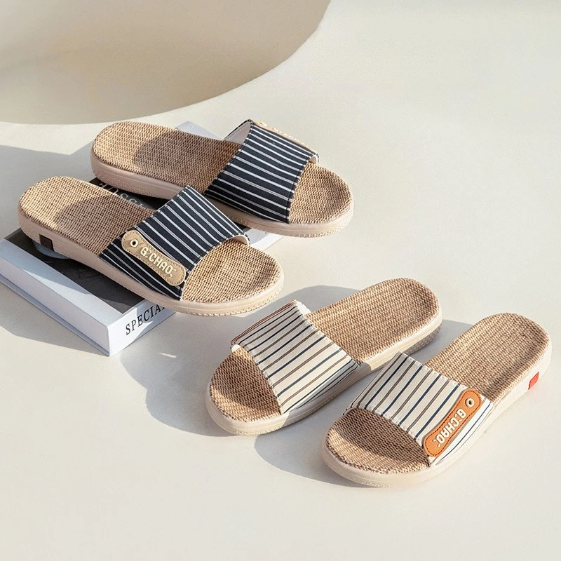

Couple Linen Slippers for Home Summer Women's Minimalist Design Men's Anti - slip Thick - sole Slippers for All Four Seasons