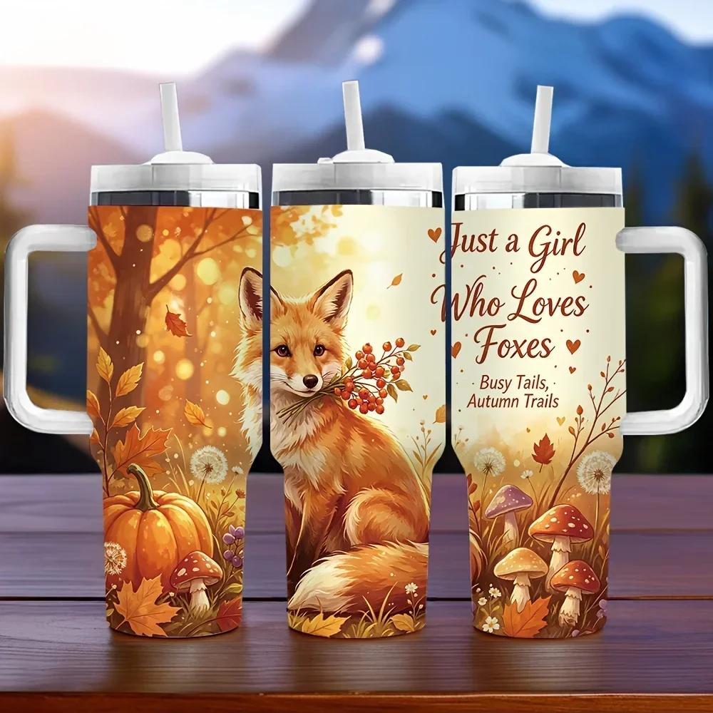 40Oz Insulated Tumbler with Handle, Long-Lasting Insulation, Lovely Autumn Fox Print, Perfect Holiday Birthday Gift for Girls Who Love Foxes, Suitable for Daily Use And Outdoor Activities