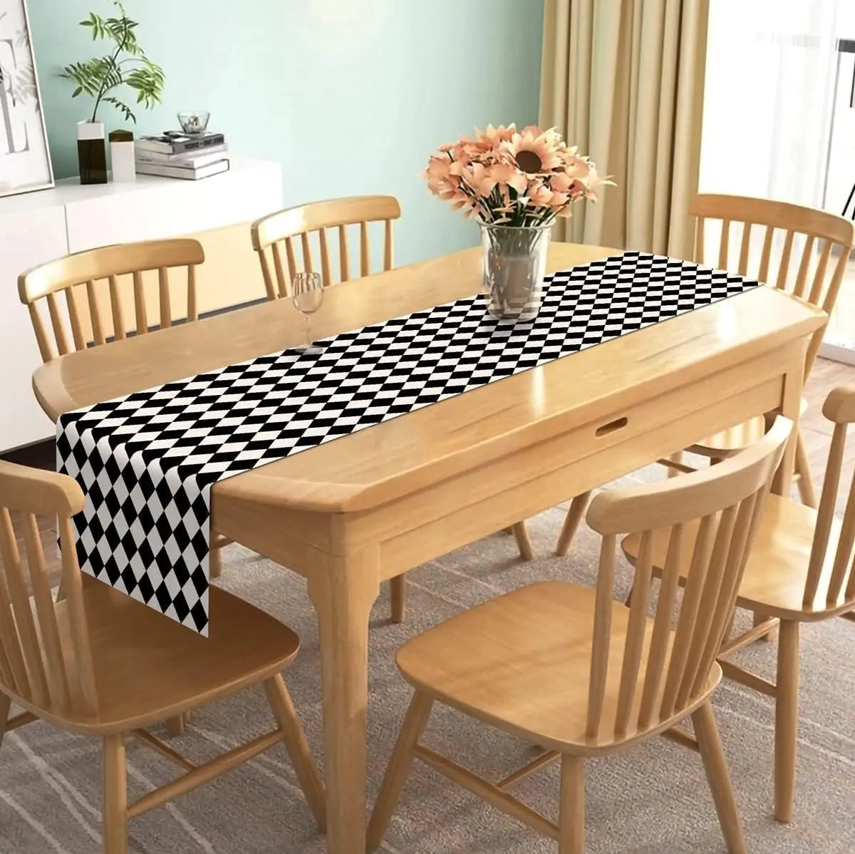 Black White Diamond Lattice Linen Table Runner Tea Themed Party Decor Buffalo Plaid Table Runners Reusable Kitchen Table Decor