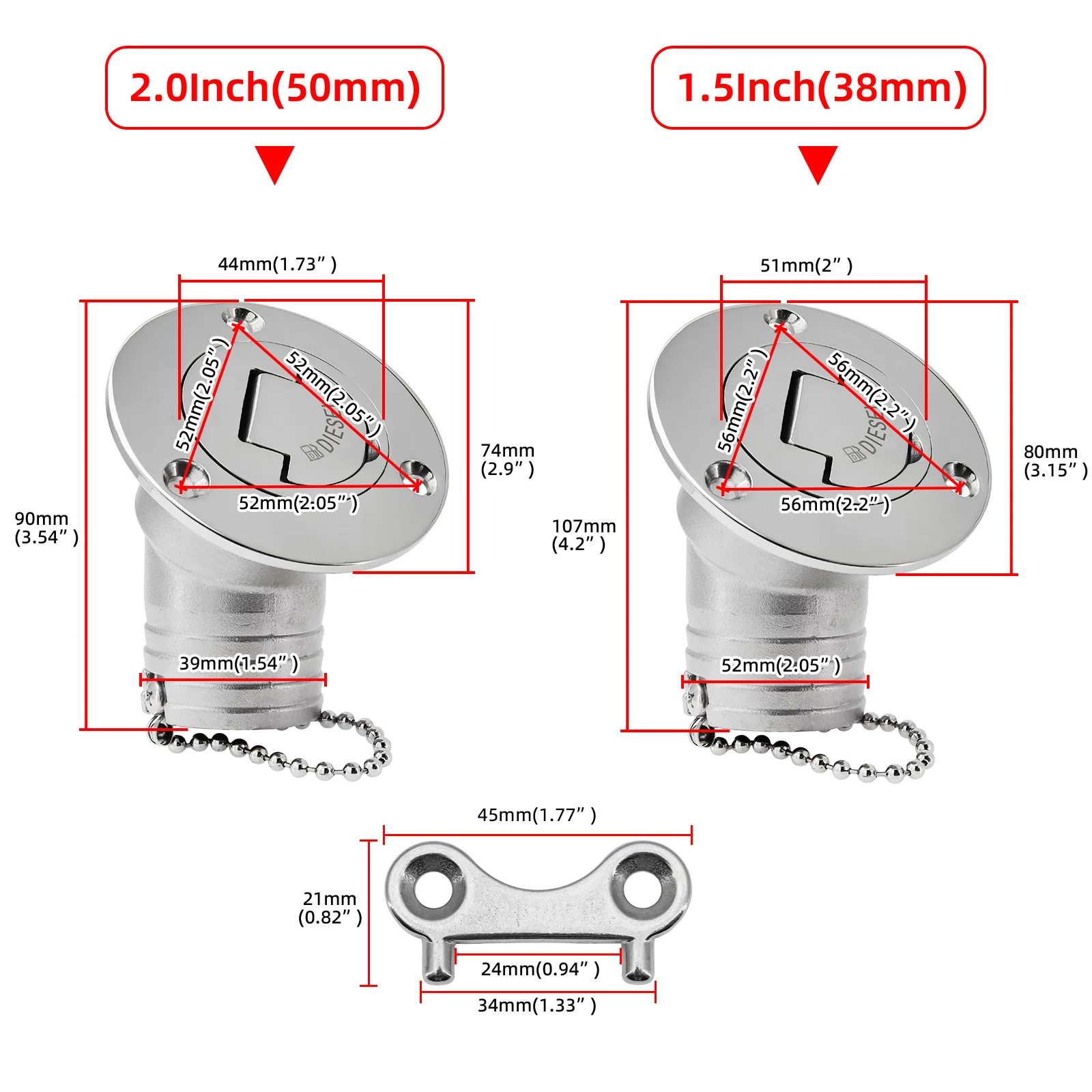 38mm e 50mm 316 aço inoxidável barco deck enchimento chave tampa gás diesel água de combustível 1.5 "2" hardware marinho deck enchimento