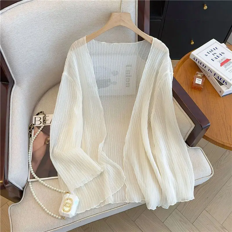 

Simplicity Thin Long Sleeve Loose Fashion Cardigan Summer New V Neck Solid Temperament Shirt Tops Casual Korean Women Clothing