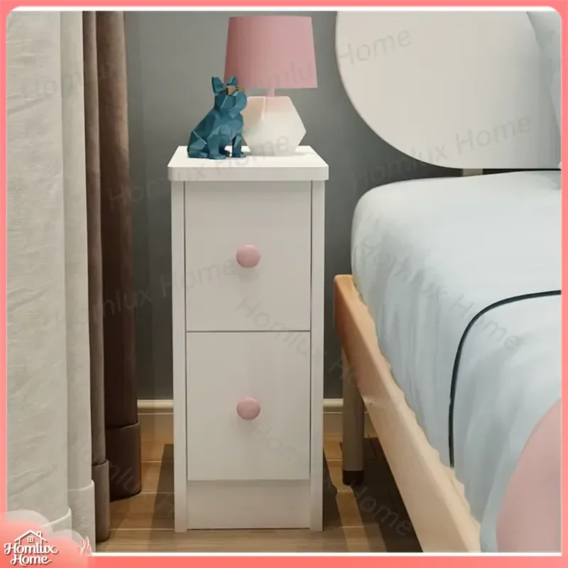 Modern Narrow Storage Shelf Bedside Table with 2 Drawers for Bedroom Living Room Small Space Organizer Minimalist Nightstand