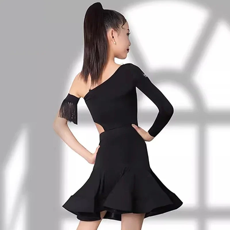 Girls Latin Dance Performance Costume Slant Shoulder Flower Dress Long Sleeves Suit Rumba Ballroom Dance Practice Dress BL11615