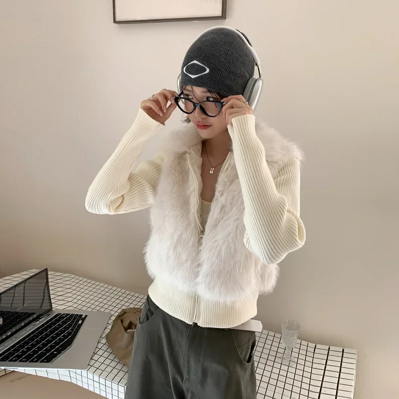 Autumn Fashion New Women's Detachable Knit Long Sleeve Vest Warm Faux Fur Gilet Waistcoat Outerwear Casual Short Jacket Tops