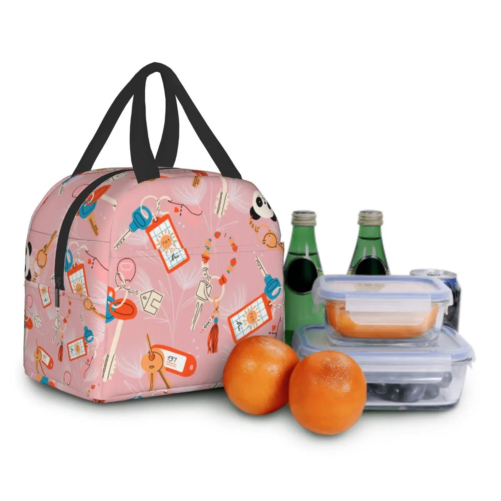 Pink Lunch Bag with Keys, Panda & Tags Pattern, Cute Creative Design, Front Phone Pocket, Ideal for Daily Use, Thermal Tote