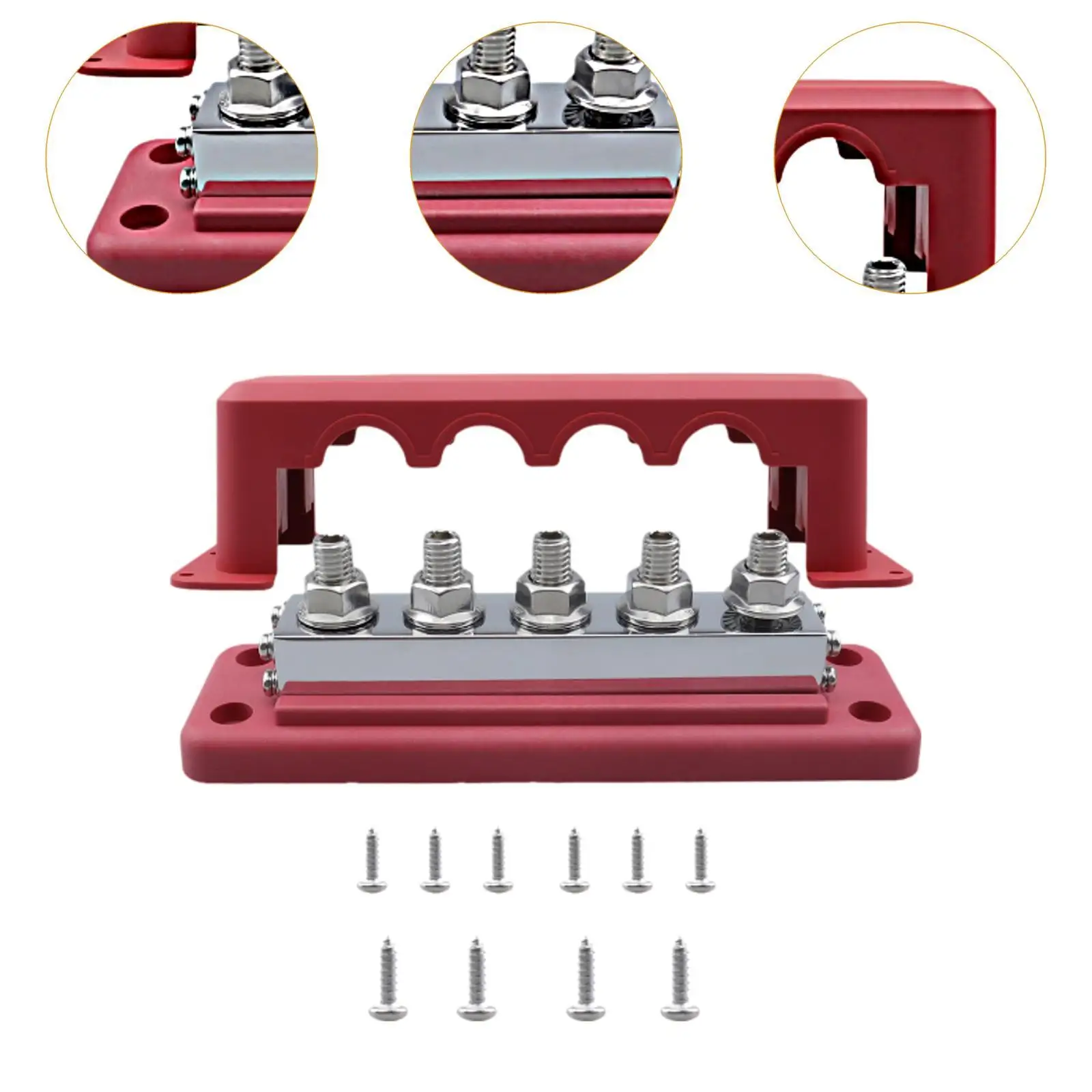 Power Distribution Block 5 Stud M10 Marine Busbar with Protective Cover Heavy Duty 600A for Trucks Yachts Cars