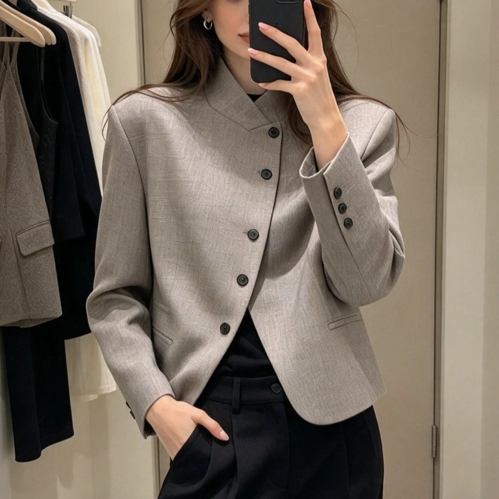 Classic Grey Blazer Coat Single Breasted Lapel Collar Long Sleeve Pockets Loose Fit Commute Warm Business Outerwear Lady Jacket