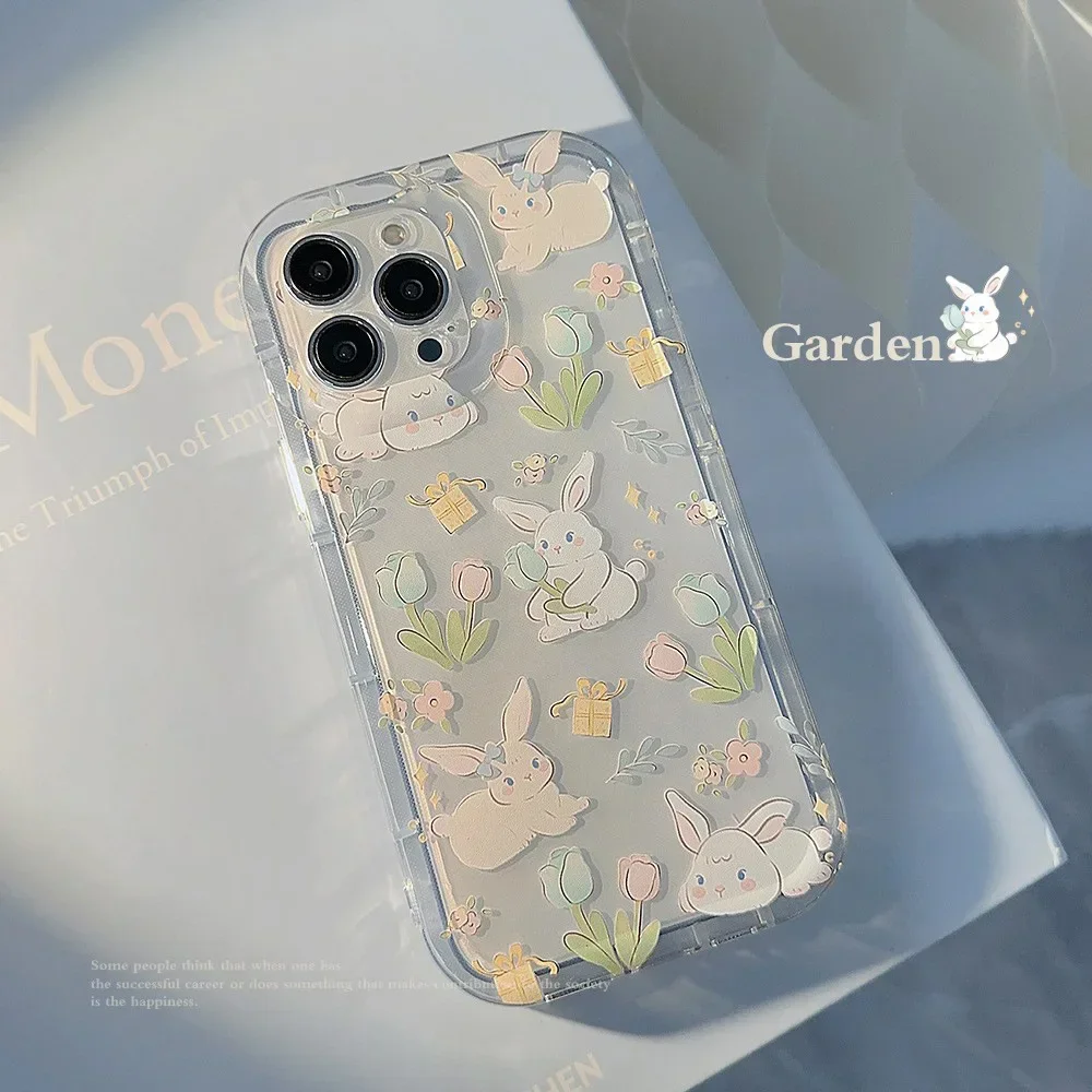 Garden flowers rabbit Cartoon bunny art transparent Phone Case For iPhone 16 15 14 13 12 11 Pro Max 14 Plus Case Cute Soft Cover