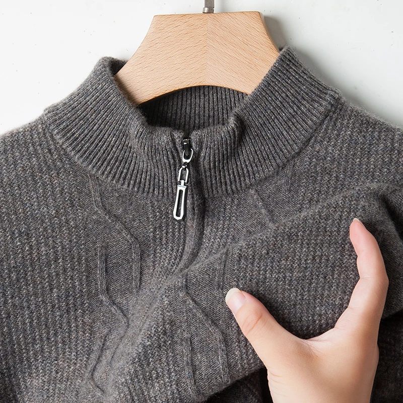 Twisted 100% ขนสัตว์ถักเสื้อสวมหัวผู้ชายอบอุ่นหนาฤดูใบไม้ร่วงและฤดูหนาวเสื้อกันหนาวครึ่งสูงซิปยืนปกสบายๆ