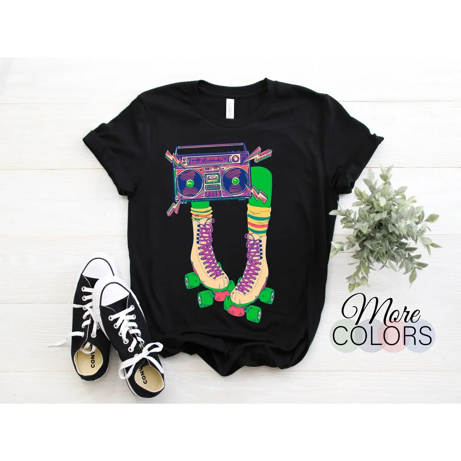 Retro Roller Skates Boombox T Shirt 70s 80s Vintage Skater Derby Cool Cute Design  vintage Washed Unisex Stylish Stretched