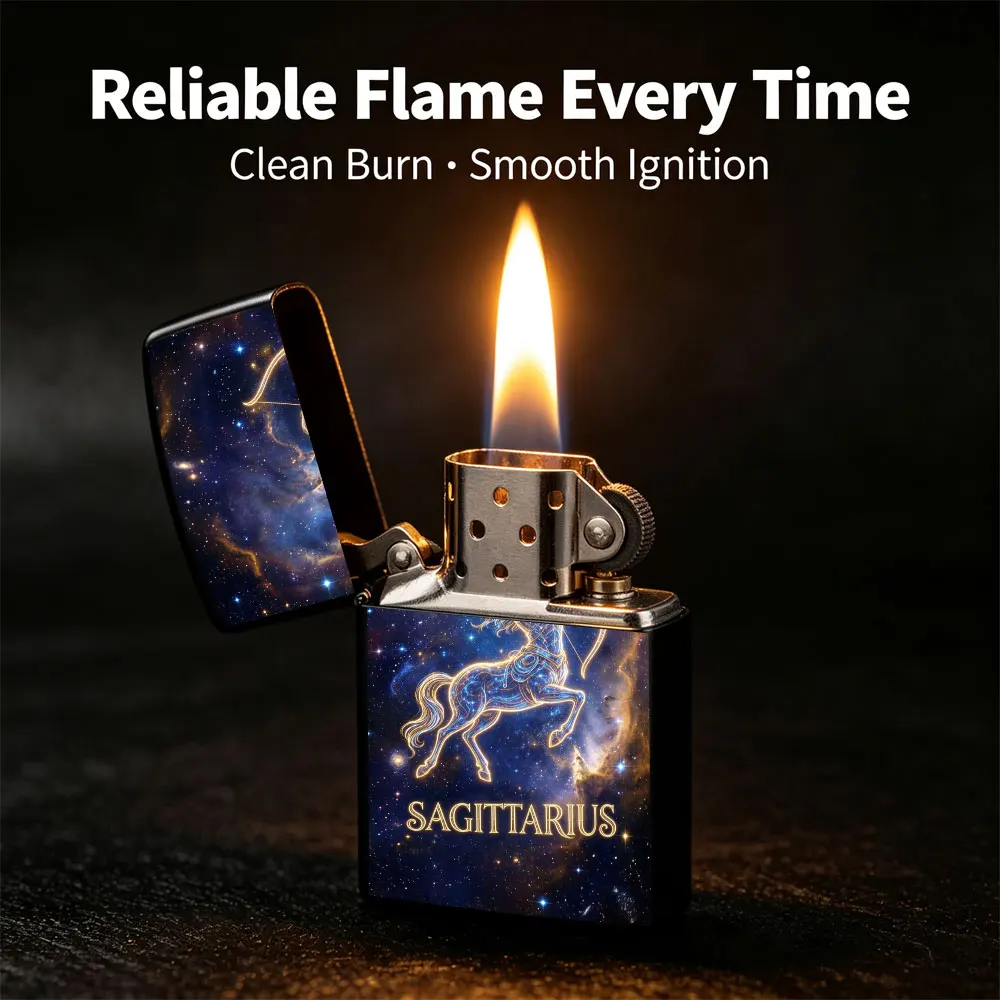 Pocket Lighter, Sagittarius Zodiac Design with Horse and Arrow Motif, Metal Case, Flip-Top Windproof, Ergonomic Grip, Adjustable Flame, for Daily Use and Gift Giving