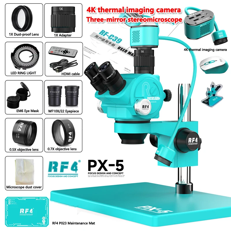 RF4 PX-5 Zoom Simul Focal Trinocular Stereo Microscope 1080P 4K HDMI Video Thermal Imager Camera For PCB Phone Soldering Repair