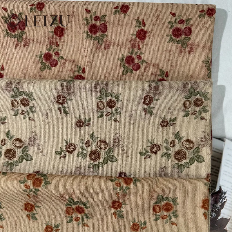 145x90cm Ribbed Corduroy Fabric Vintage Style Brown Rose Print DIY Handmade Making Doll,Jacket,Sofa Cover, Pillowcase, Clothing