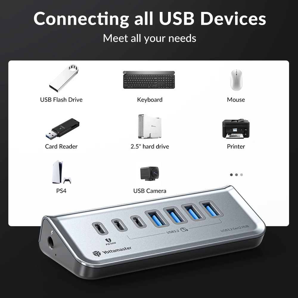 Yottamaster Multiport USB 3.2 HUB USB A Type C Hub 7 Slot Docking Station PD18W 60W USB3.0 Fast Charging HUB USB Splitter for PC